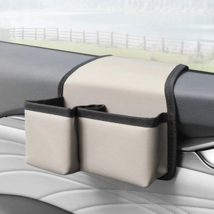Car window storage organizer with two side pockets, beige/cream