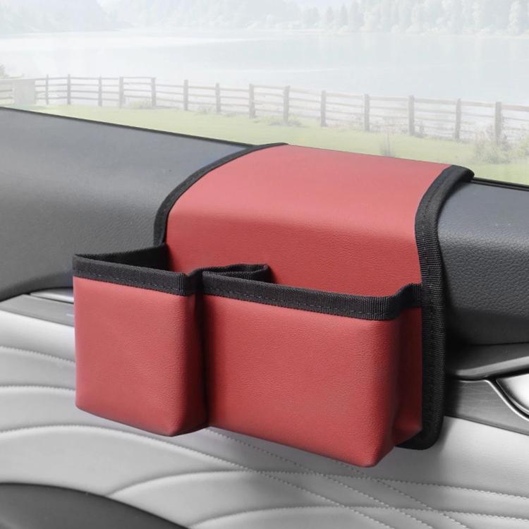 Car window storage organizer with two side pockets, red