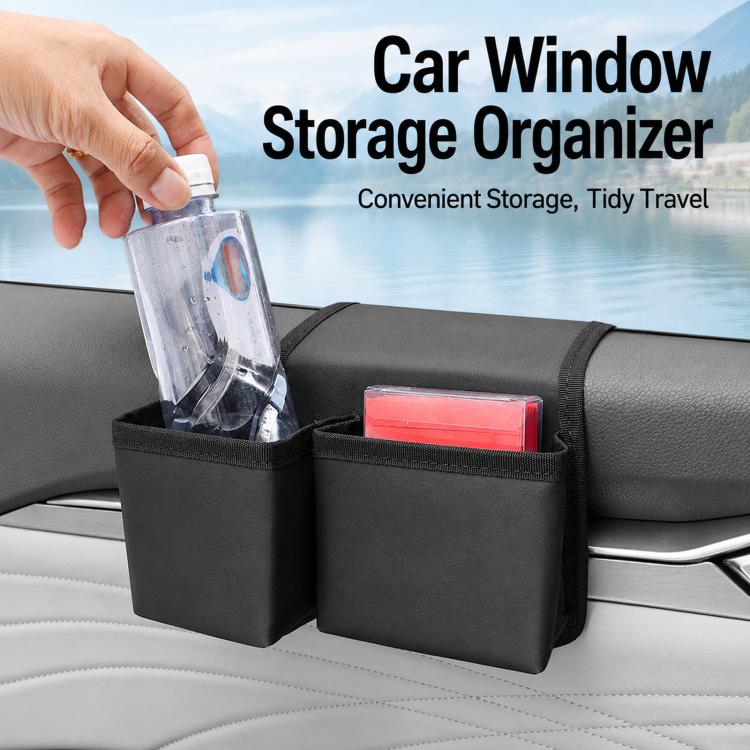 Car window storage organizer with two compartments, black, holds small items