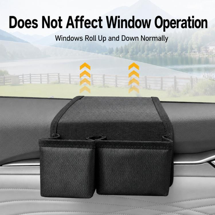 Car window storage organizer with two side pockets, black fabric