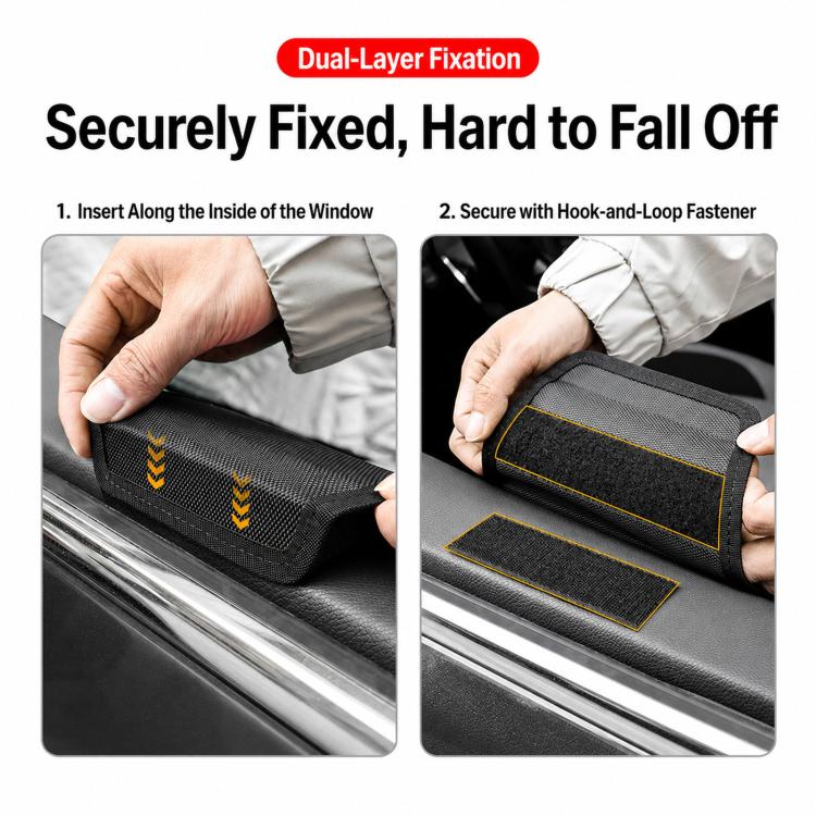 Car window storage organizer with hook-and-loop fastening, black two-compartment