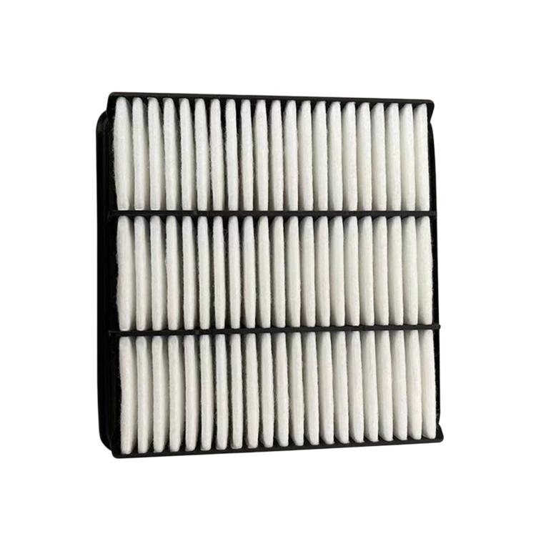 Car air filter with white pleated media in a black rectangular frame