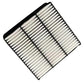 Car air filter angled view with white pleated panel and black plastic grid