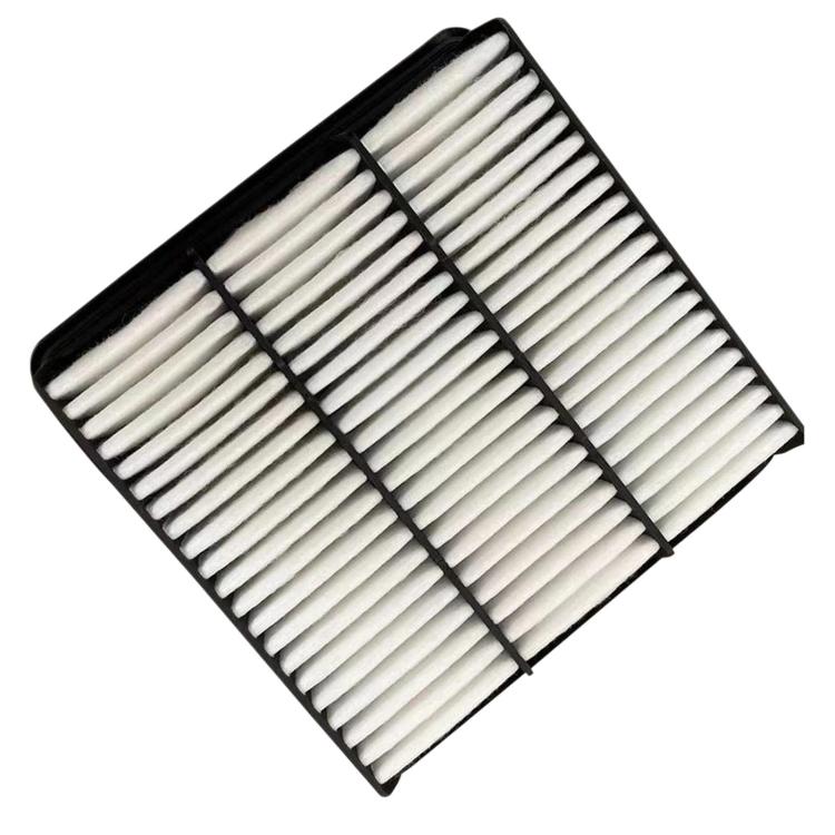 Car air filter angled view with white pleated panel and black plastic grid