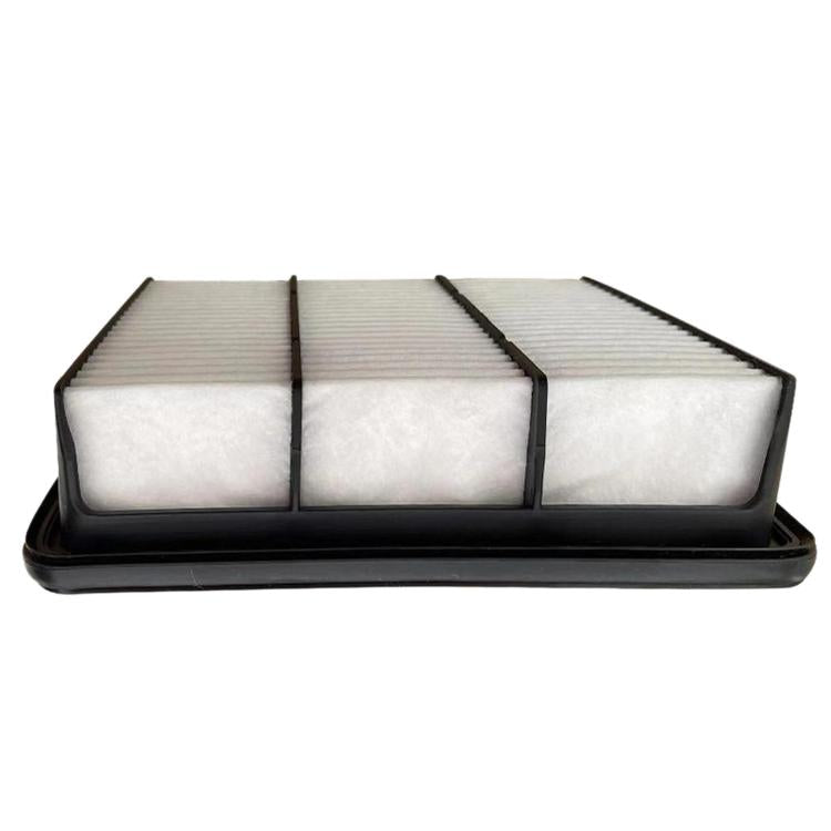 Car air filter with three white pleated sections in a black base frame