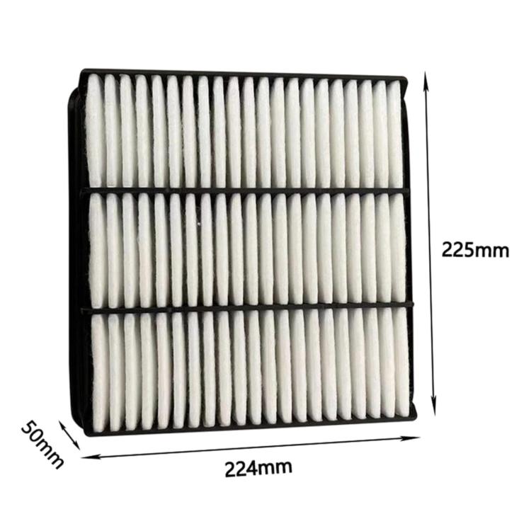 Car air filter with white pleats, black frame, size 224 x 50 x 225 mm