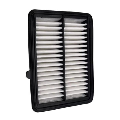 Panel air filter with pleated white paper media in a black plastic frame
