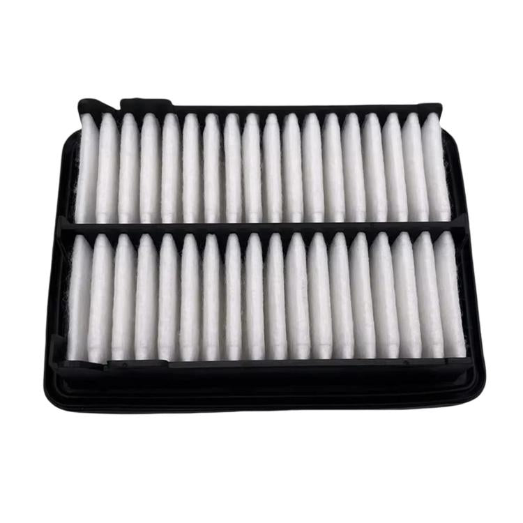 Air filter with stacked pleated white paper elements and black frame