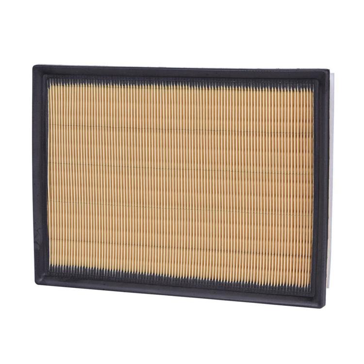Rectangular car air filter with pleated paper media in black frame.