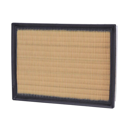 Rectangular car air filter with pleated paper media in black frame.