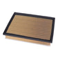 Car air filter panel with pleated paper inside black plastic border.
