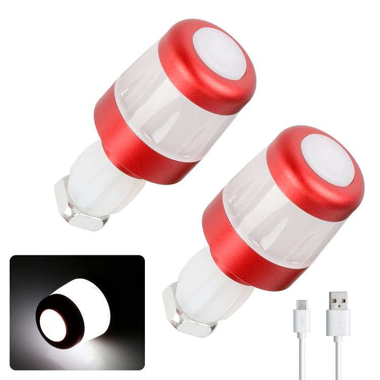 Red bike handlebar end LED light with black rubber housing and clear front lens