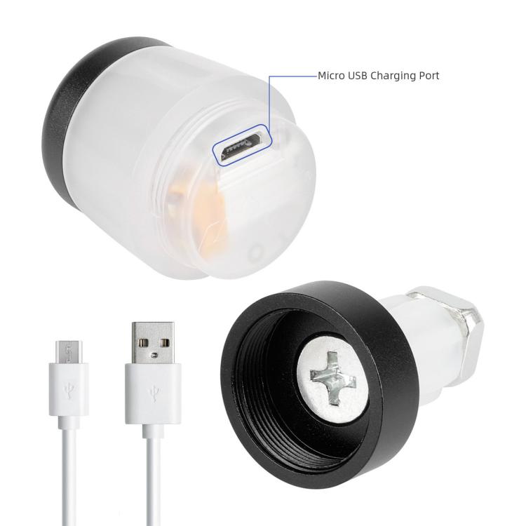 Bike handlebar end LED light showing micro-USB charging port and black mounting base