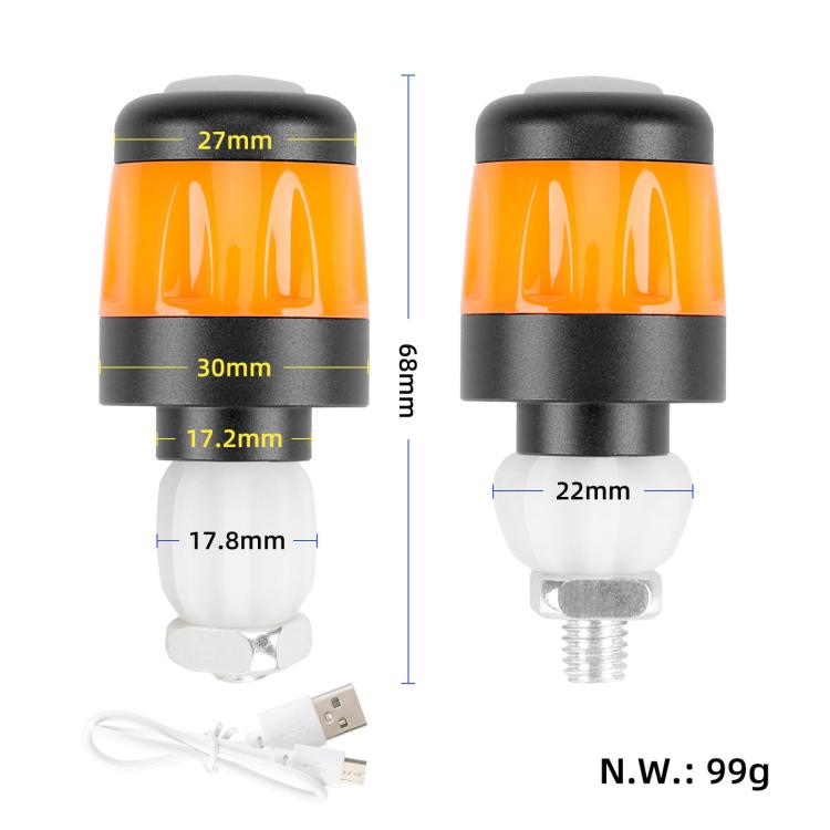 Bike handlebar end LED light with 22mm bar clamp and labeled size measurements
