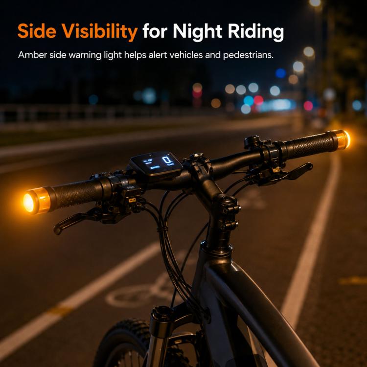 Amber bike handlebar end LED light mounted on a bicycle handlebar at night