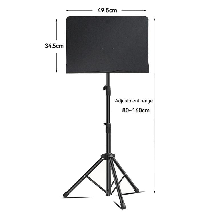 Adjustable black portable folding music stand with solid rectangular board and tripod legs