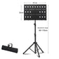Adjustable black perforated music stand with hole panel, tripod legs, and carrying bag