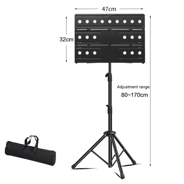 Adjustable black perforated music stand with hole panel, tripod legs, and carrying bag