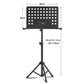 Adjustable black perforated music stand with circular hole board and folding tripod base