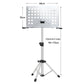 Adjustable white perforated music stand with circular hole board and silver tripod base