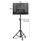 Black perforated music stand with circular hole panel and adjustable tripod legs