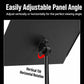 Portable music stand showing panel tilt and rotation joint on a black frame