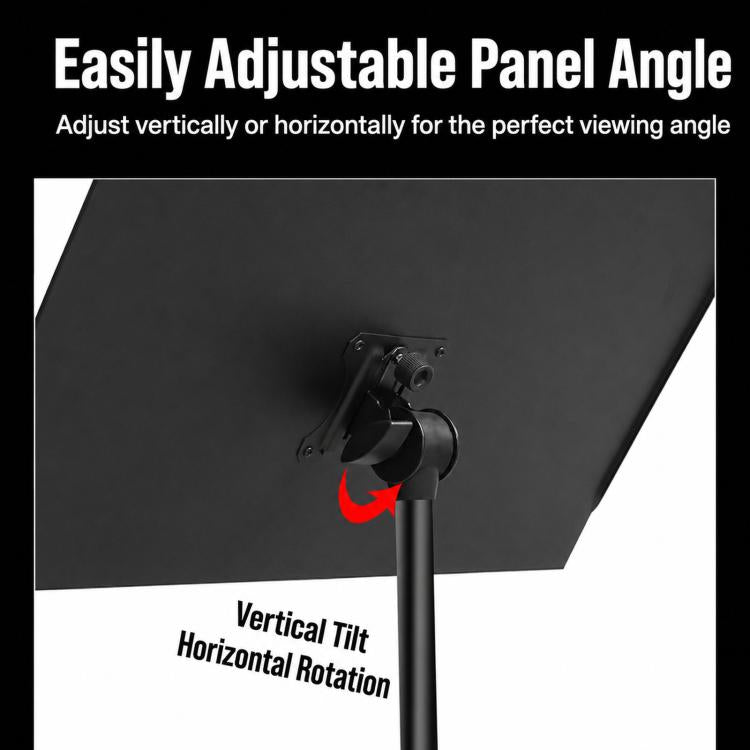 Portable music stand showing panel tilt and rotation joint on a black frame