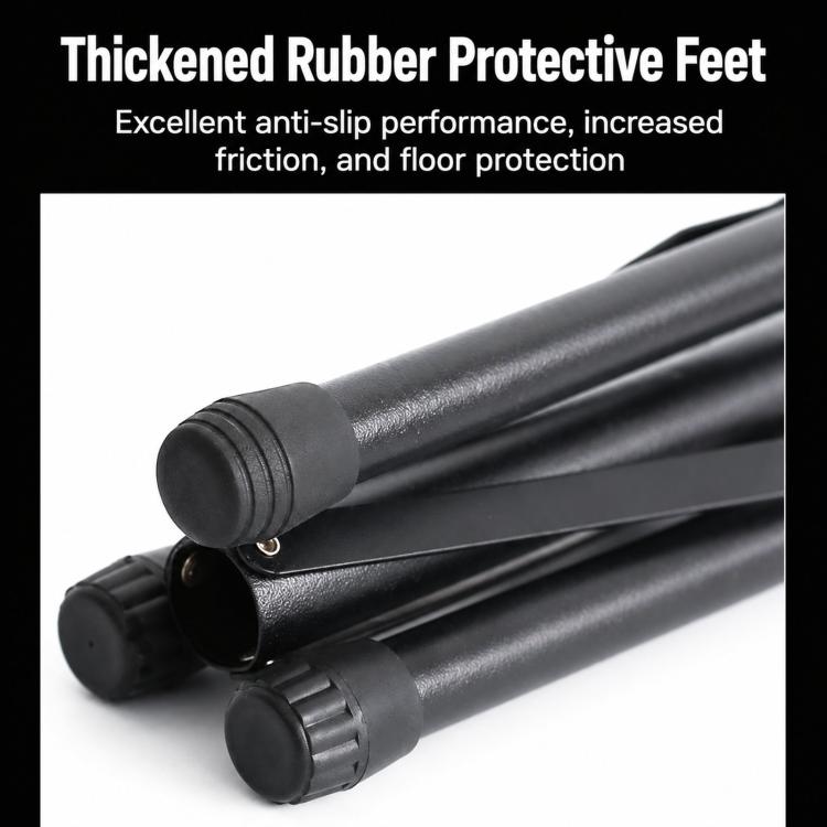 Portable music stand with black rubber protective feet on the tripod legs