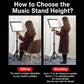 Portable folding music stand setup for both sitting and standing use