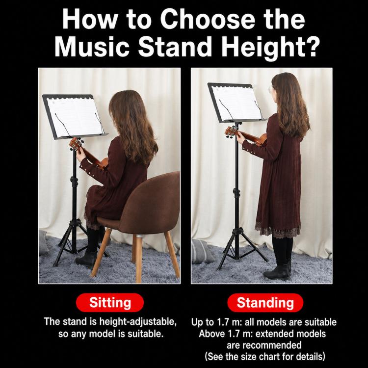 Portable folding music stand setup for both sitting and standing use