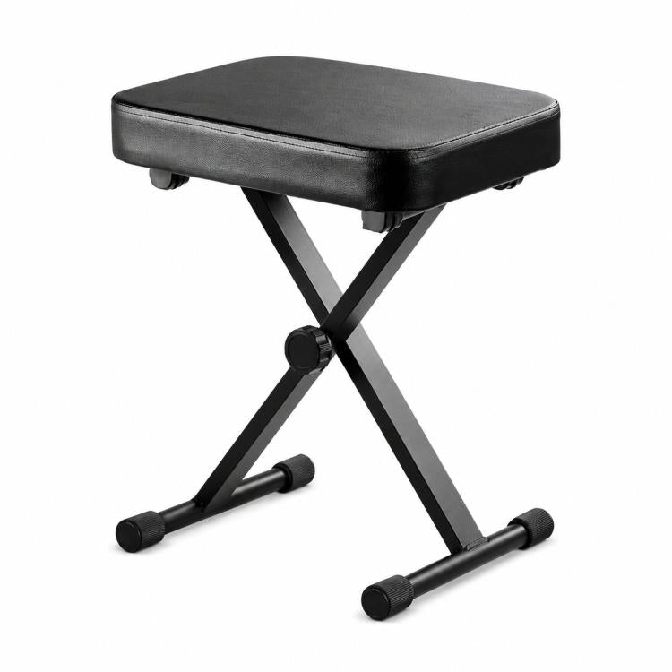 Black padded piano stool with X-frame legs and height adjustment knobs