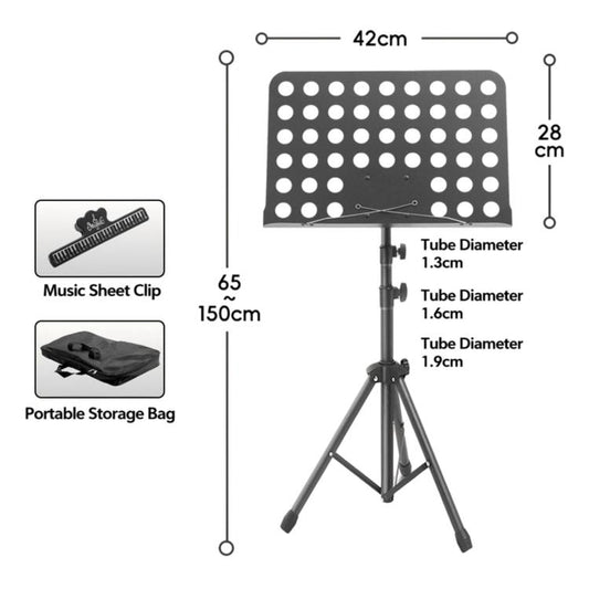 Black adjustable sheet music stand with perforated tray, tripod legs, storage bag