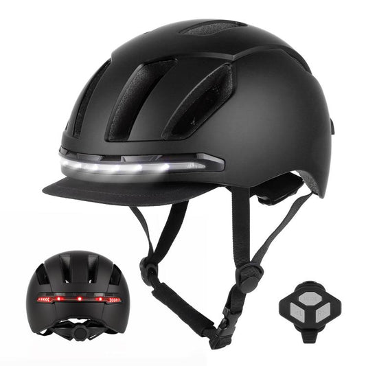 Black smart bike helmet with front LED safety light and adjustable chin straps