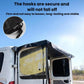 Rear door sun shade cover with secure hooks fastened at corners, black oxford fabric