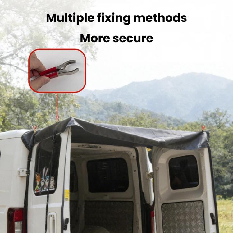 Rear door sun shade cover with multiple attachment points, black fabric secured to van doors