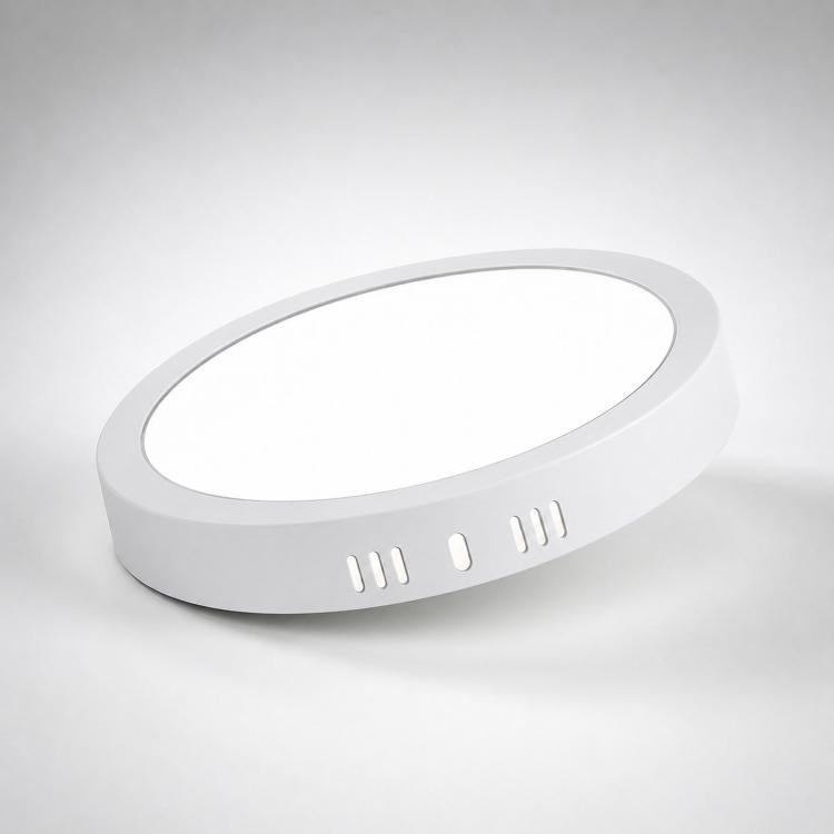 Round white flush-mount LED ceiling panel light, flat diffuser with 3 vent slots