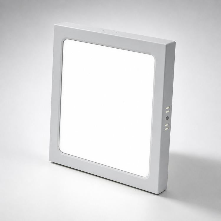 Square white flush-mount LED ceiling panel light, large white diffuser, side button panel
