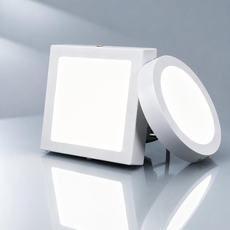 Square white flush-mount LED ceiling panel light with matching round side light fixture