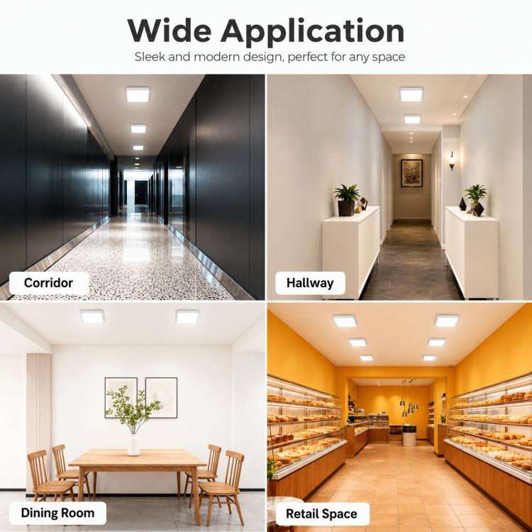 Ultra-thin LED flush-mount ceiling light panels in hallways and rooms