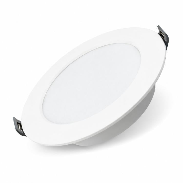 White round recessed LED panel downlight with plastic trim and mounting clips