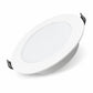 White round recessed LED panel downlight, angled view with black mounting tabs