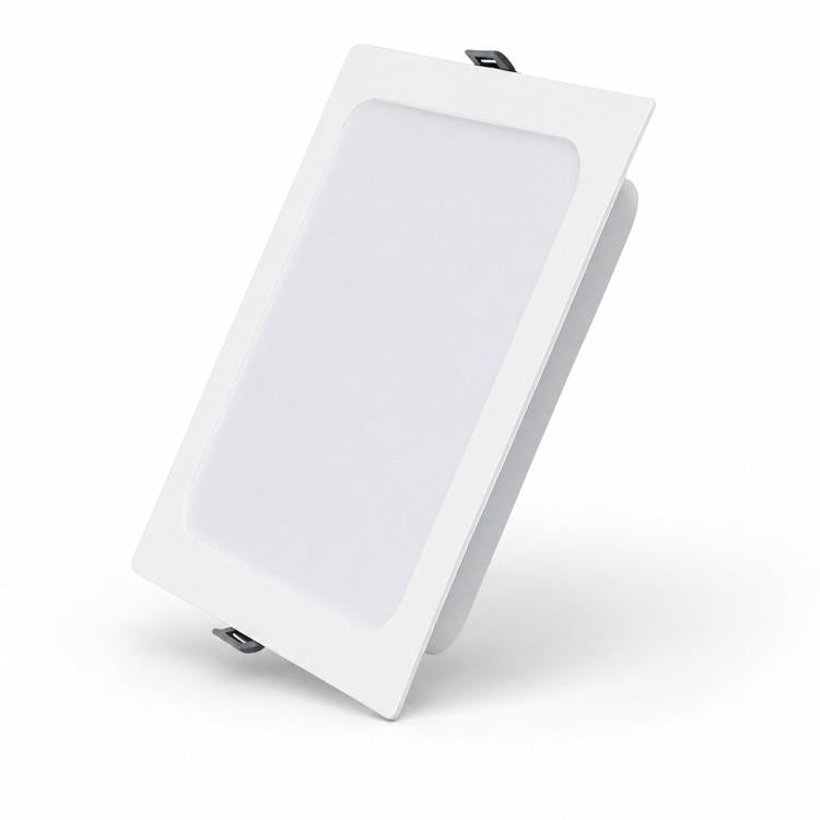 White square recessed LED panel downlight, side view with angled plastic frame