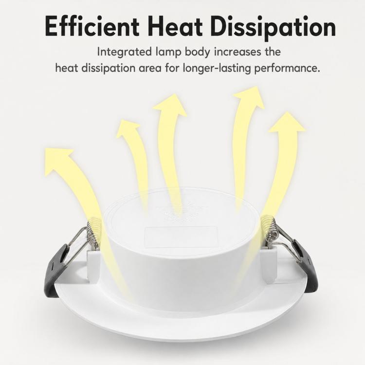White round recessed LED panel downlight showing heat-dissipation airflow arrows