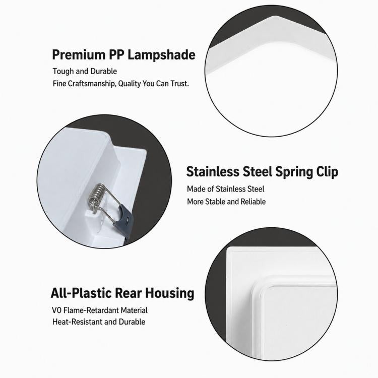 Recessed LED downlight with white PP lampshade, all-plastic rear housing, spring clips
