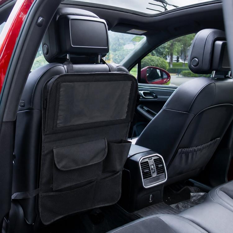 Black foldable seat back storage organizer bag with multiple pockets and flap