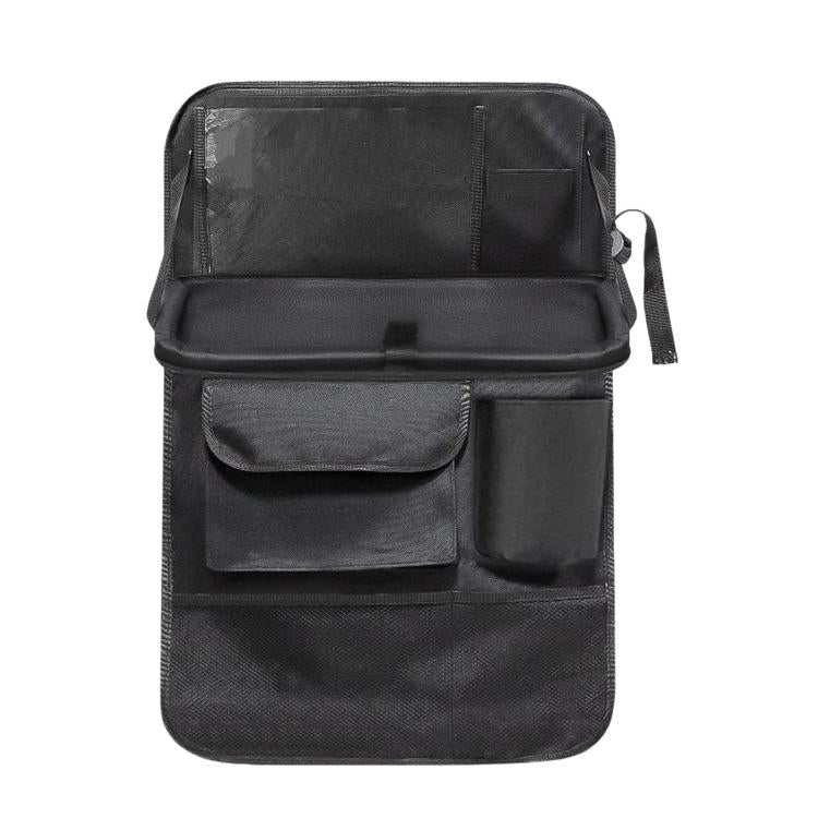 Black foldable seat back storage organizer bag with front flap and side pocket