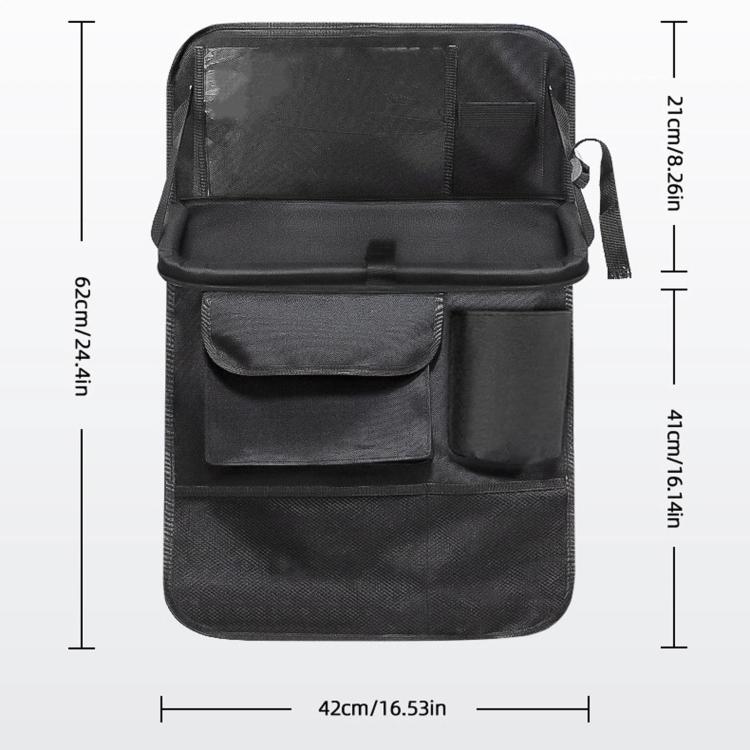 Black foldable car seat back storage organizer bag with multiple front pockets