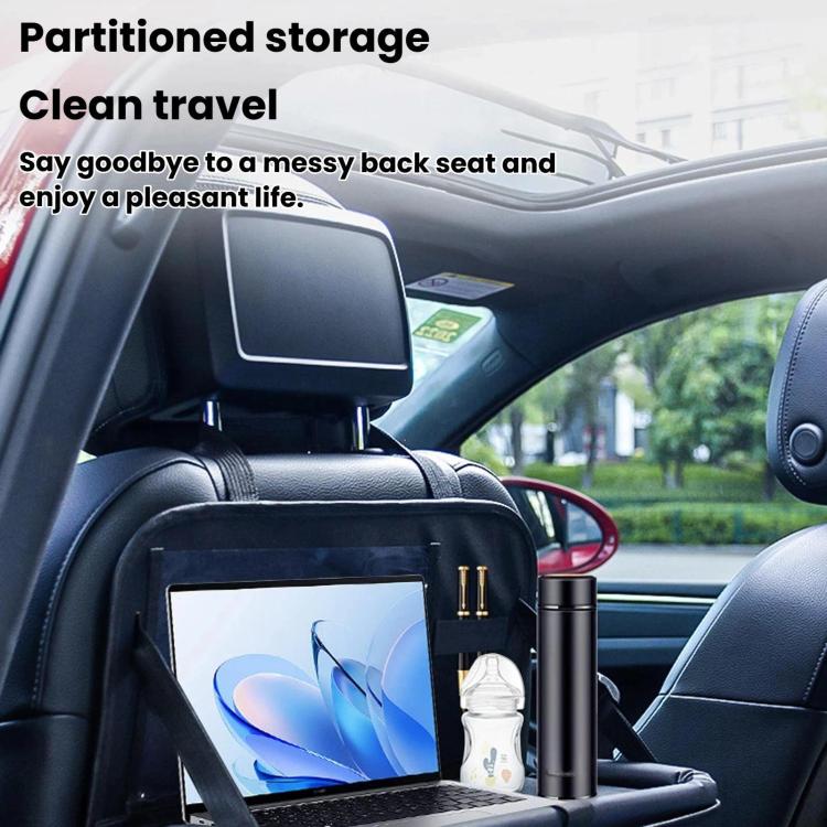 Black seat back organizer bag mounted on car seat with front display panel