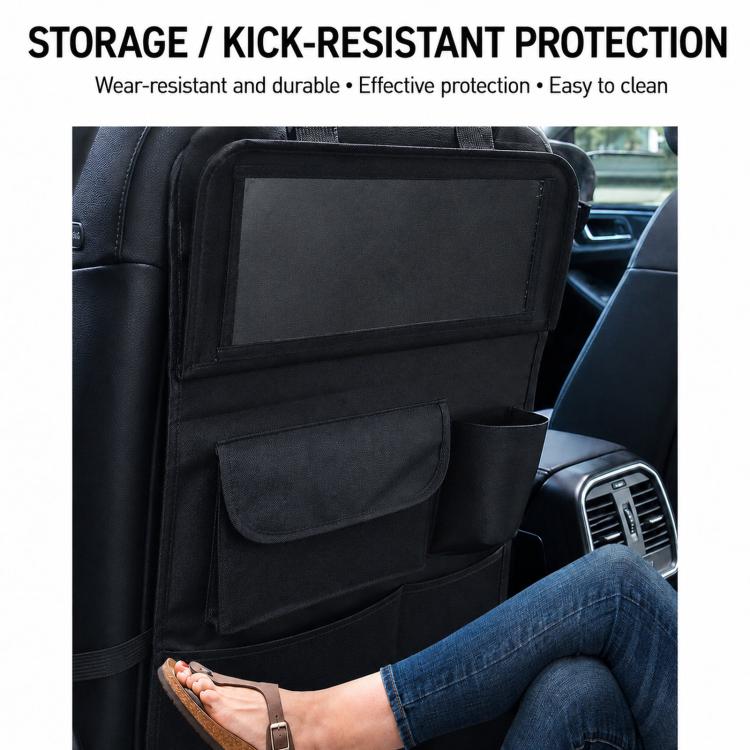 Black seat back storage bag with large clear window panel and lower pockets