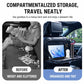 Black seat back organizer bag with compartment layout for neat travel storage